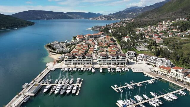 Panorama of Porto Novi, an elite resort town in Montenegro, Aerial view
