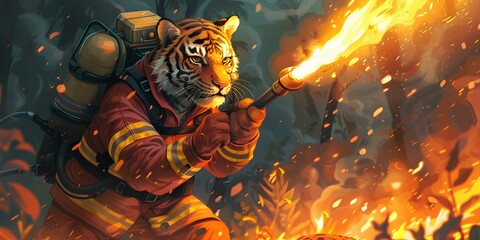 Courageous Tiger Firefighter Battling Raging Forest Blaze to Save Habitat
