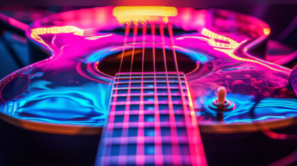 Close-up of Electric Guitar with Vibrant Neon Lights and Details