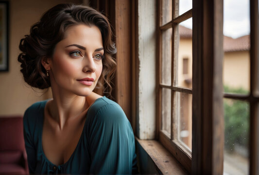 image of a beautiful female looking on a windowsill