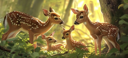 Deer Teacher Guiding Young Fawns Through the Wondrous Forest - obrazy, fototapety, plakaty