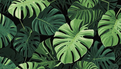 tropical monstera leaves on forest green background 