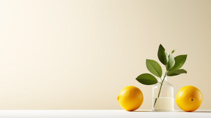 Fresh Lemons and Leafy Twig in Vase - obrazy, fototapety, plakaty