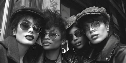 four fashion women models in hat and sunglasses on street in the city in summer. Old retro black...