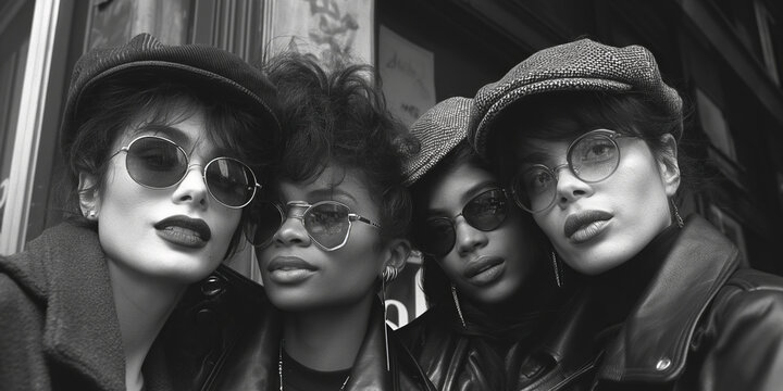 Fototapeta four fashion women models in hat and sunglasses on street in the city in summer. Old retro black and white film photography from the 1980s