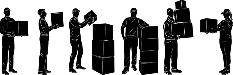 people with boxes silhouette on white background, vector