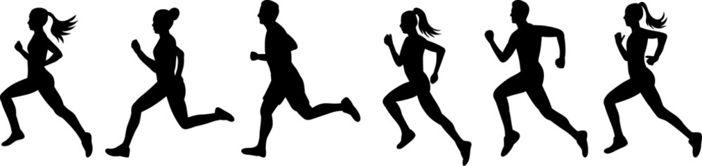 people running silhouette set on white background, vector - obrazy, fototapety, plakaty
