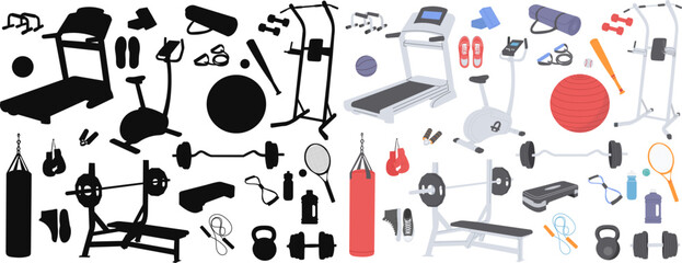 set of sports equipment, everything for sports, exercise equipment, dumbbells on a white background, vector