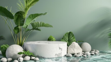 White cylinder marble podium with green Alocasia plant flower green background. AI generated image