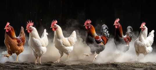 Vividly colored hens pecking in the dust at a lively farmyard with a vibrant atmosphere - obrazy, fototapety, plakaty