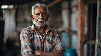 An old Indian man standing confidently with his arms crossed in a warehouse. - obrazy, fototapety, plakaty