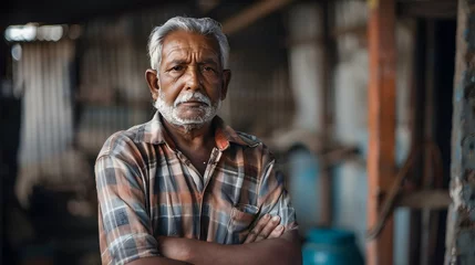 Fotobehang An old Indian man standing confidently with his arms crossed in a warehouse. © jex