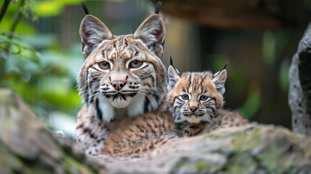 Male bobcat and kitten portrait with space for text, object on right side for visual balance