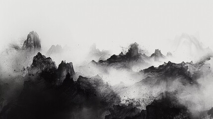 Mist Among Titans The Enigma of Fog Wrapped Summits - obrazy, fototapety, plakaty