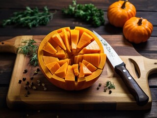 Food background. Diced raw peeled pumpkin and vegetable knife on rustic wooden cutting board. Vegetables, mushrooms, roots, spices - ingredients for vegan cooking. Healthy eating, comfort slow food