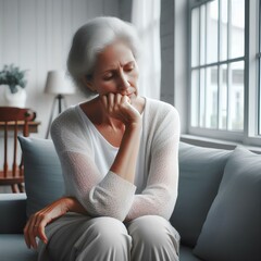  Thinking, memory and serious old woman in living room at home on sofa, depression and lonely in retirement. Nostalgia, remember and elderly person with anxiety, dream and vision by apartment window - obrazy, fototapety, plakaty