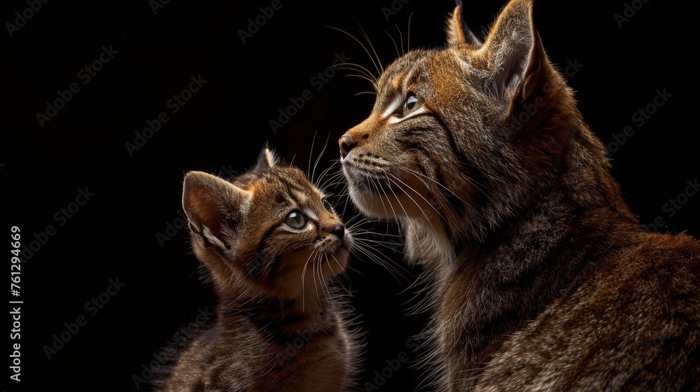 Poster geoffroy s cat and kitten portrait with empty space for text and object on right side