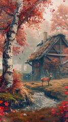 A birch tree stands beside an old thatched cottage, with red leaves and orange foliage and a deer standing next