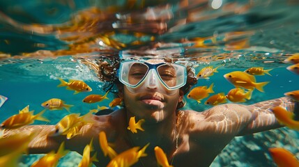 Snorkeler Surrounded by Tropical Fish Underwater,An underwater view of a snorkeler immersed in clear waters teeming with vibrant yellow tropical fish, enjoying the marine world.

 - obrazy, fototapety, plakaty