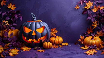 Halloween background with pumpkin. Happy Halloween. Halloween photo with pumpkins. Conceptual composition of an autumn holiday with autumn flowers, leaves on a gentle background.