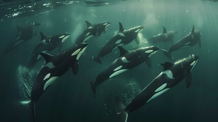 Pod of Orcas Swimming Gracefully Underwater,A pod of orcas, also known as killer whales, glides through the ocean's depths with rays of light illuminating their path.

 - obrazy, fototapety, plakaty