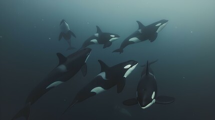 Pod of Orcas Swimming Gracefully Underwater,A pod of orcas, also known as killer whales, glides through the ocean's depths with rays of light illuminating their path.

 - obrazy, fototapety, plakaty