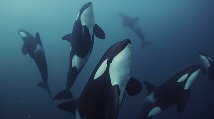 Obraz na płótnie Canvas Pod of Orcas Swimming Gracefully Underwater,A pod of orcas, also known as killer whales, glides through the ocean's depths with rays of light illuminating their path.