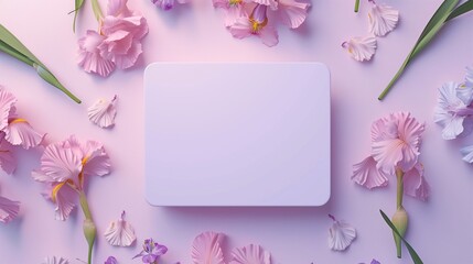 Blank white board and iris flower for decoration copy space background
