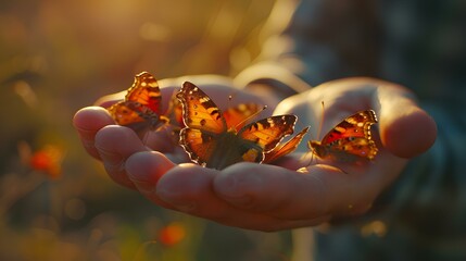 Butterflies Alighting on Human Hands in Nature,Human hands gently holding a group of delicate...