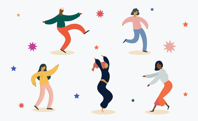 Male and female characters. A group of happy dancing people.  Cartoon flat vector illustration of dancing people