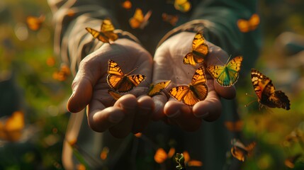Butterflies Alighting on Human Hands in Nature,Human hands gently holding a group of delicate...