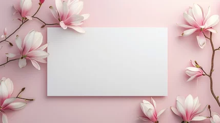 Gordijnen Blank white board and magnolia flower for decoration copy space background © Montalumirock