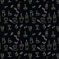 A set of fun, eye-catching tableware designs. Seamless white pattern on a black background. Creative collection of abstract art for children or holiday design. Simple children's designs with texture p
