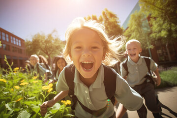A group of happy children, surrounded by trees and grass, are running towards a school building in a beautiful natural landscape. They smile and gesture towards the sky