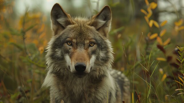 Intense Gaze of a Wild Grey Wolf,Close-up of a grey wolf's face, with intense eyes, in a natural habitat surrounded by pack members.

