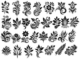 Stylised Single-Color Leaves and Flowers Illustration Set