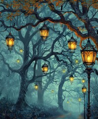 Beautiful street lanterns hanging from trees foggy night.