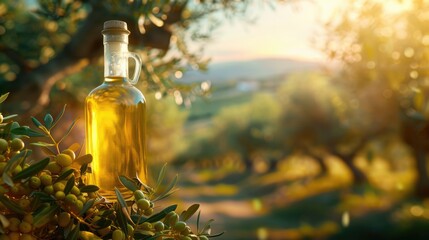 A transparent bottle of olive oil, inscribed in a landscape with an olive tree. Art photography,...