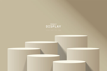 Empty cream room with set of six steps 3D cylinder podium pedestal or product display stand. 3D vector geometric platform design. Minimal wall scene for mockup. stage for product presentation.