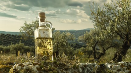 A transparent bottle of olive oil, inscribed in a landscape with an olive tree. Art photography, pastel colors, copy space