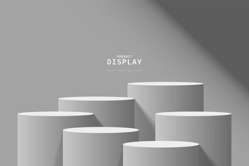 Empty gray room with set of six steps 3D cylinder podium pedestal or product display stand. 3D vector geometric platform design. Minimal wall scene for mockup. stage for product presentation.