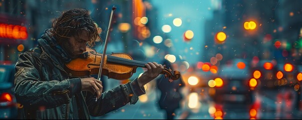 Amongst a bustling city street, a musician plays a haunting melody on a violin