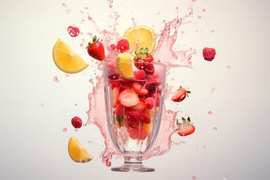 Fresh fruits cascading into lemonade cocktail glass, creating splash on white surface