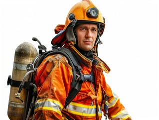 Fototapeta premium A fireman fighting fire, on isolated white background