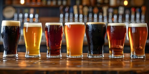 Assortment of Draft Beers in Six Glasses at a Pub. Concept Pub, Draft Beers, Assortment, Glasses, Tasting - obrazy, fototapety, plakaty