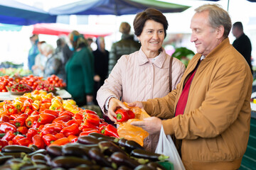 Positive senior couple in casual wear picking bell peppers during shopping at crowded bazaar