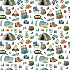 Forest camping and hiking equipment. Vector seamless pattern. Isolated on white background. Travel and adventure accessories.