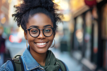A woman with black hair, wearing glasses and a backpack, is smiling for the camera with her eyebrows raised. She looks happy and cool, showcasing her vision care with stylish eyewear while traveling - obrazy, fototapety, plakaty