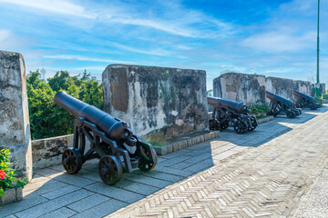 Old cannon with its barrel pointing towards the city on Monte Fortress (built between 1617-1626) on...