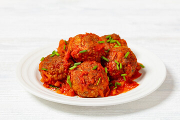 Albondigas, mexican meatballs on plate, top view